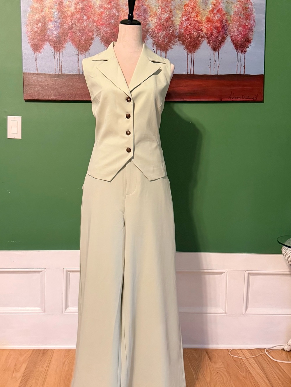 Sleeveless Pale Green Tailored Vest and a wide leg pants two piece set